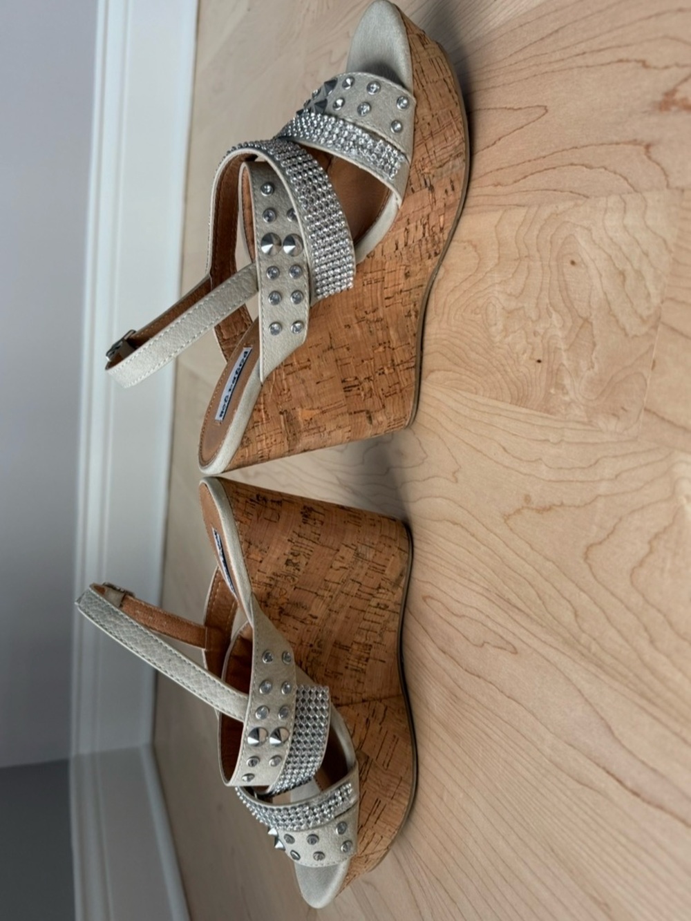 VENUS Silver Rhinestone & Stud Cork Platform Wedge Sandals - Picture 5 of 8